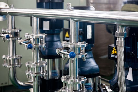 Close-up of industrial machinery featuring stainless steel piping in a factory setting.