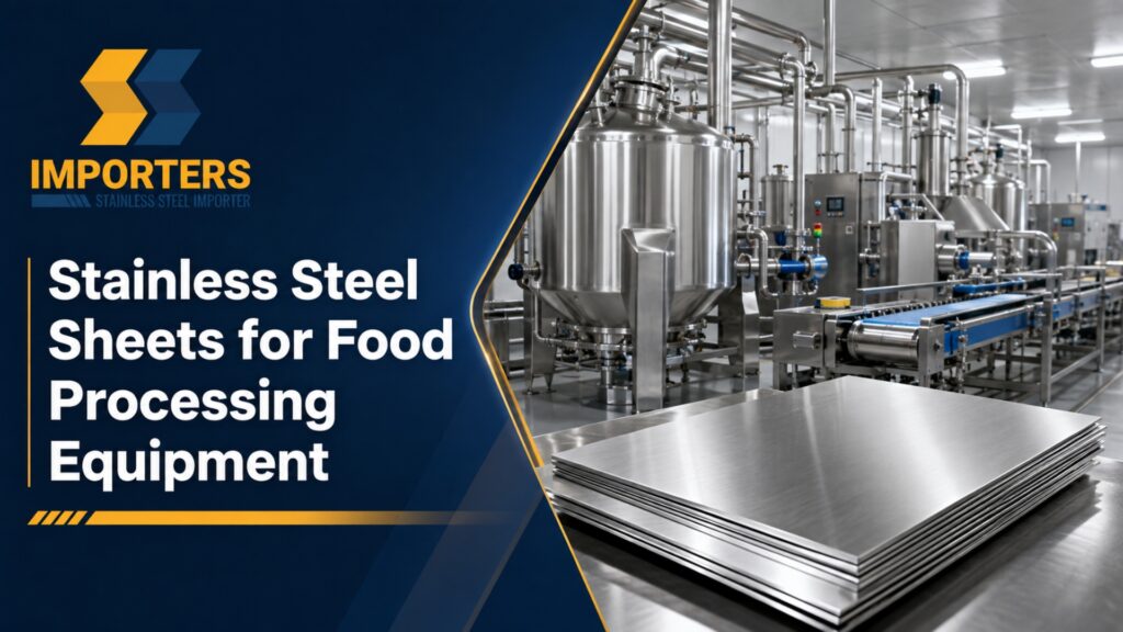 Stack of hygienic stainless steel sheets placed in front of industrial food processing tanks, machinery, and conveyor belt systems.