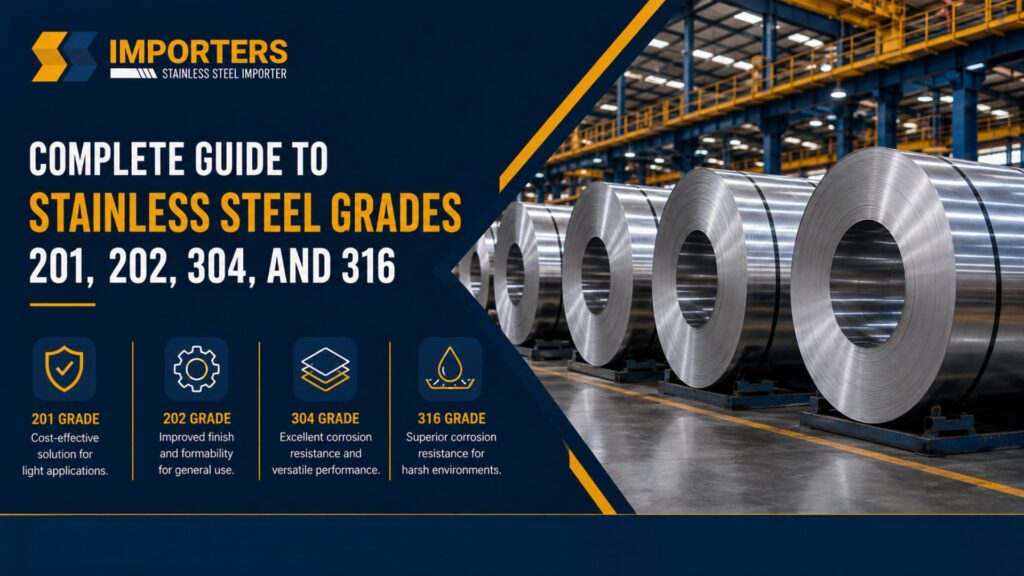 Row of stainless steel coils lined up in a warehouse, featuring a guide comparing grades 201, 202, 304, and 316 with their key properties and best-suited applications.