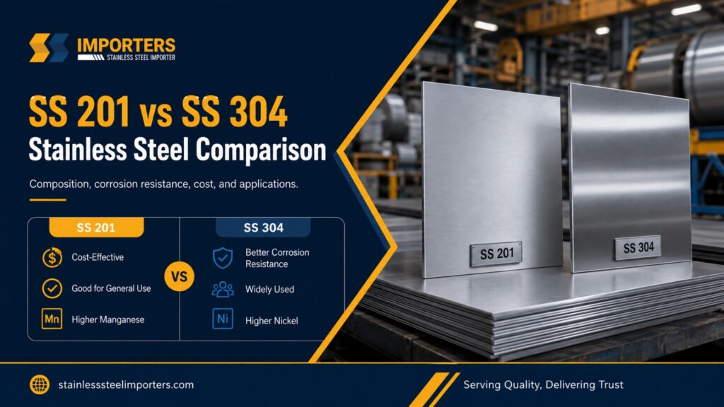 Two stainless steel plates labeled SS 201 and SS 304 standing side by side in a factory setting, featuring a comparison of composition, corrosion resistance, cost, and general applications.
