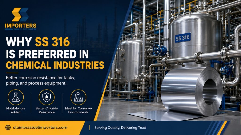 Stainless steel coil unrolling in front of chemical processing tanks labeled SS 316, highlighting benefits like molybdenum addition, better chloride resistance, and suitability for corrosive environments.