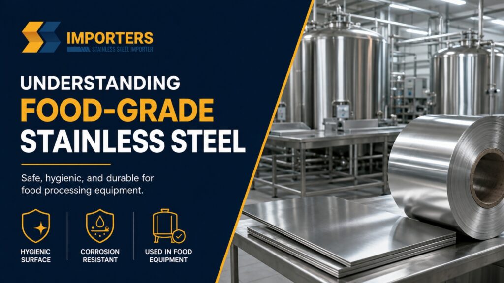 Stainless steel coil and flat sheets placed on a prep table inside a food processing facility with industrial storage tanks in the background, highlighting hygienic surface, corrosion resistance, and food equipment applications.