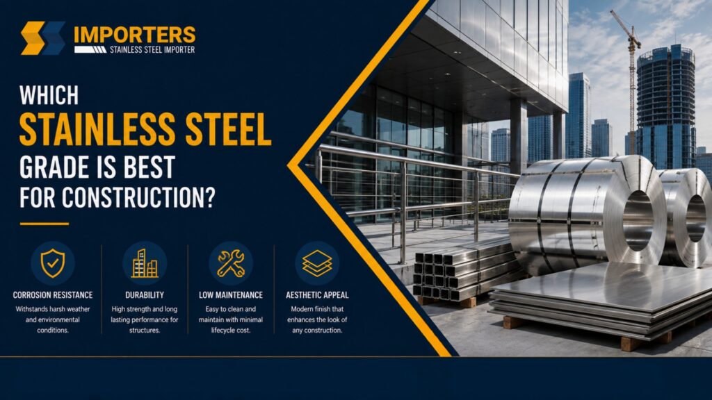 Stainless steel coils, flat sheets, and square tubes stored at a modern construction site near a high-rise building, highlighting corrosion resistance, durability, low maintenance, and aesthetic appeal