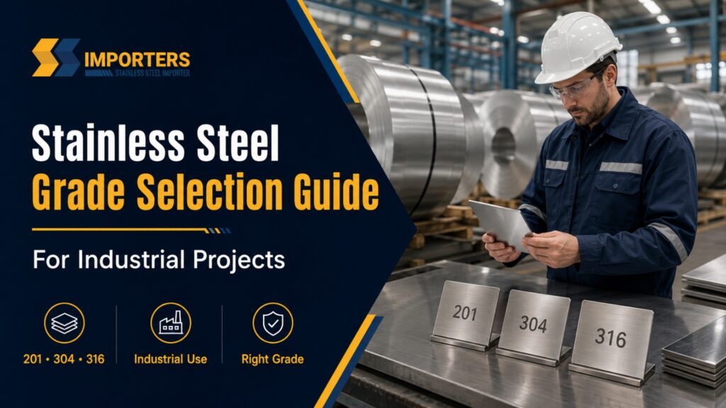 An engineer in safety gear holding a tablet and inspecting stainless steel grade samples 201, 304, and 316 on a workbench with large steel coils stored in the warehouse background.